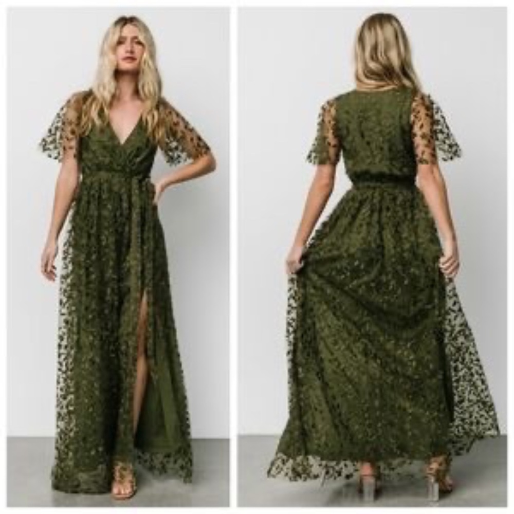 Baltic Born Olive Lace Flutter Sleeve Maxi Dress